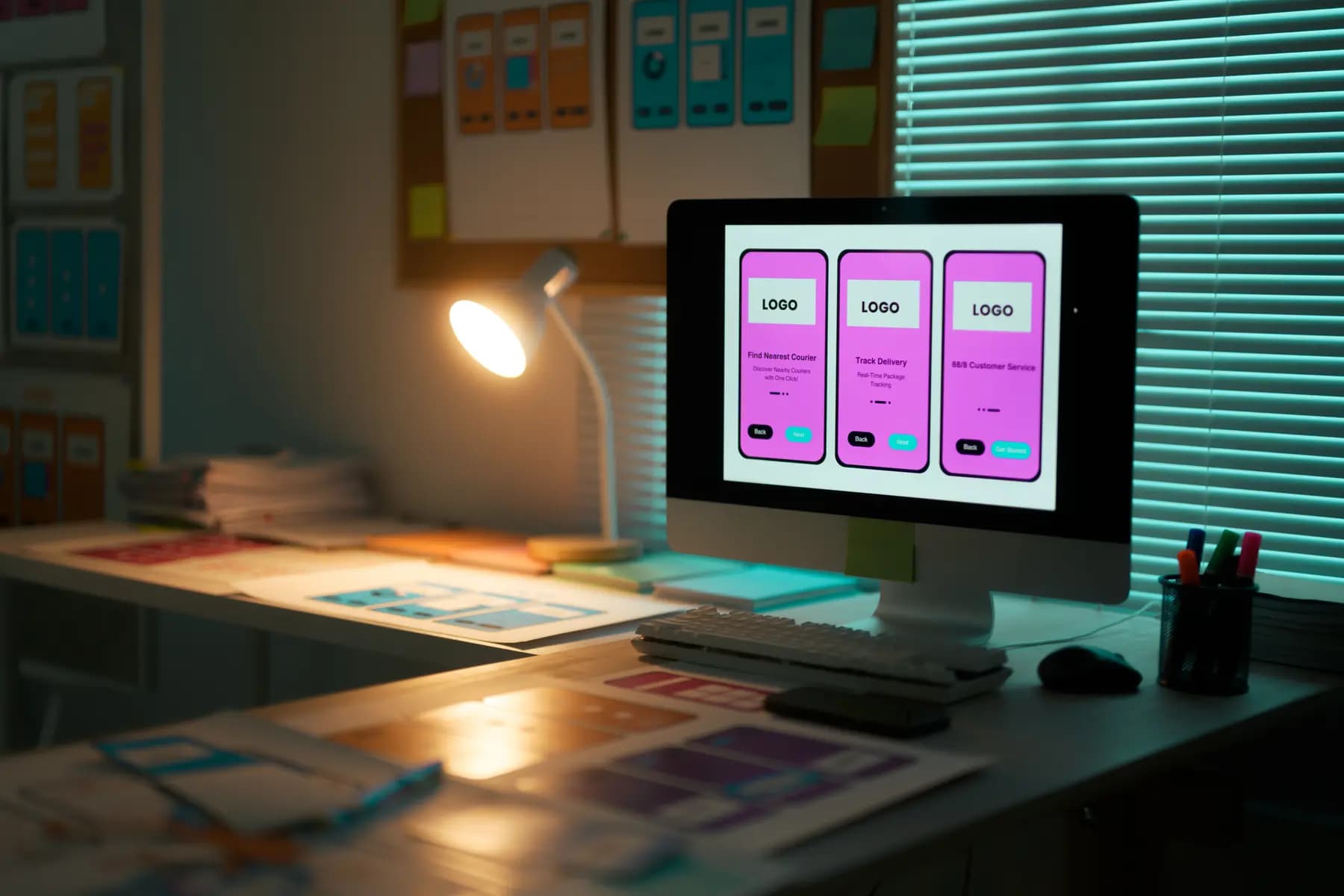 Arbeitsplatz mit App-Entwürfen auf dem Bildschirm